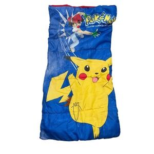 Vintage 1999 Nintendo Pokemon Kids Sleeping Bag Pikachu Ash Ketchum Blue Zip